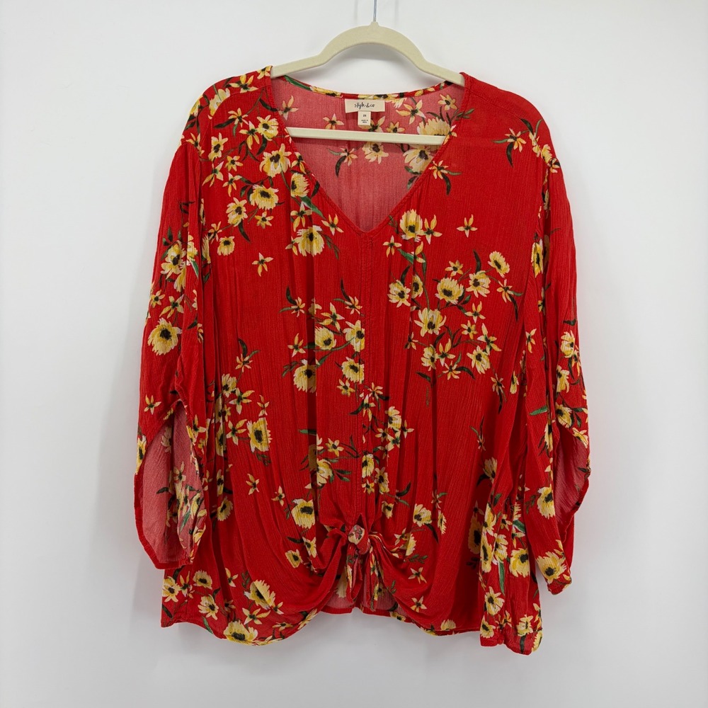 Style & Co Womens 2X Red Floral Blouse Tie Front V-Neck Kimono Sleeve Top